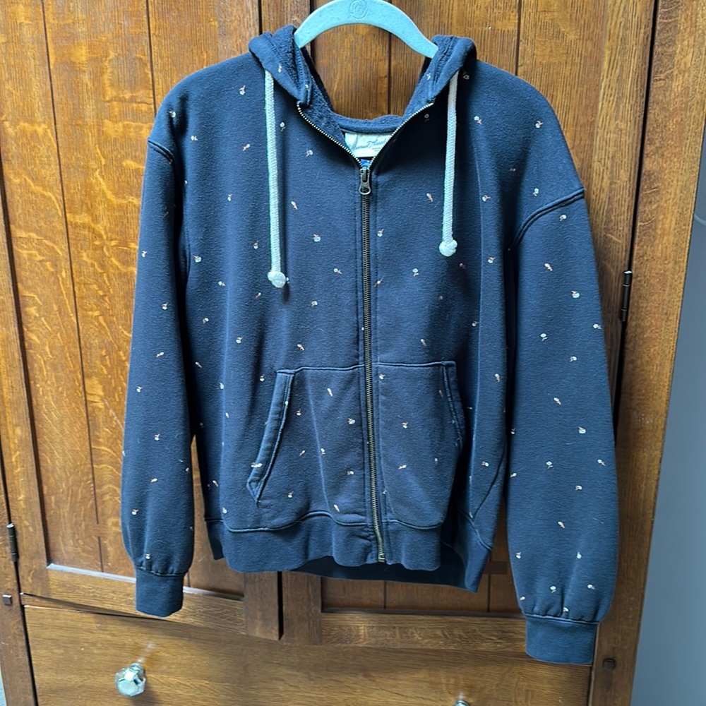 Grey Universal Thread zip-up hoodie, small flower detail, size small